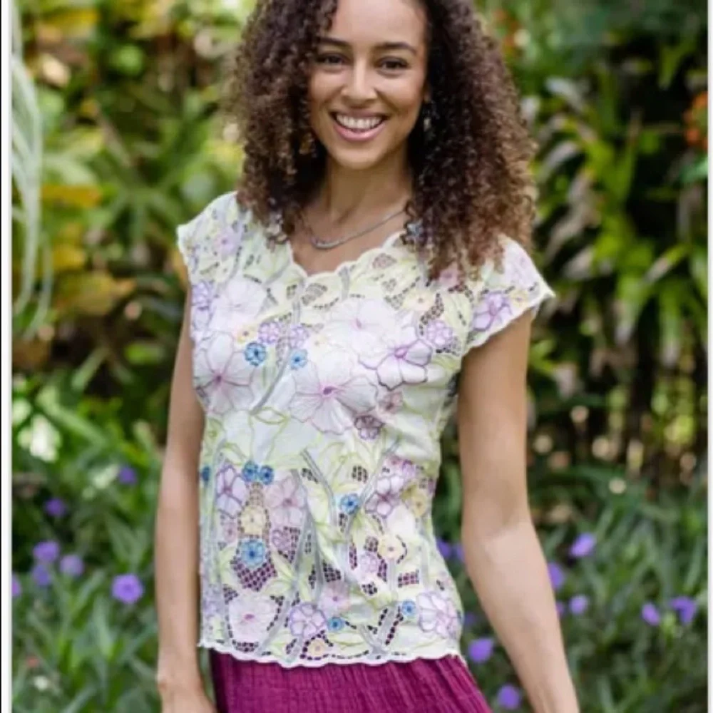 Novica Colorful Floral Embroidered Blouse from Bali, "Springtime Mallow"-Small